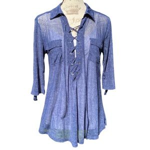 ♛4/$20♛ Siren Lily 3/4 Sleeve Sheer Cover Up V-Neck Blouse Lace Up Top M